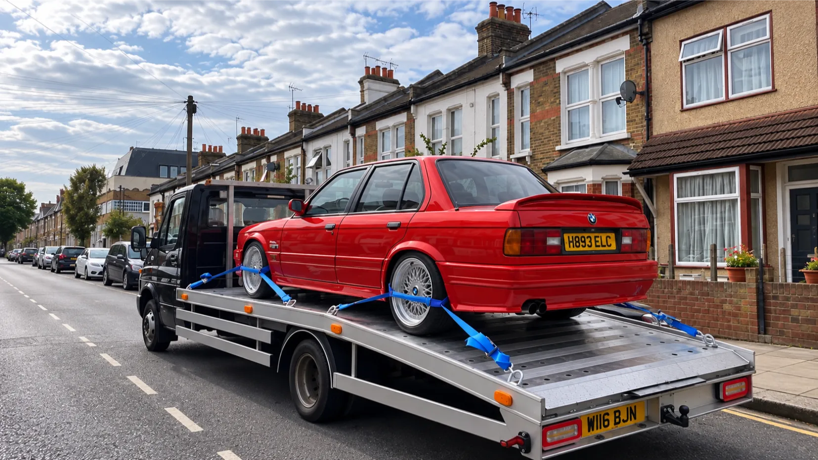 Red BMW on a Tow Truck